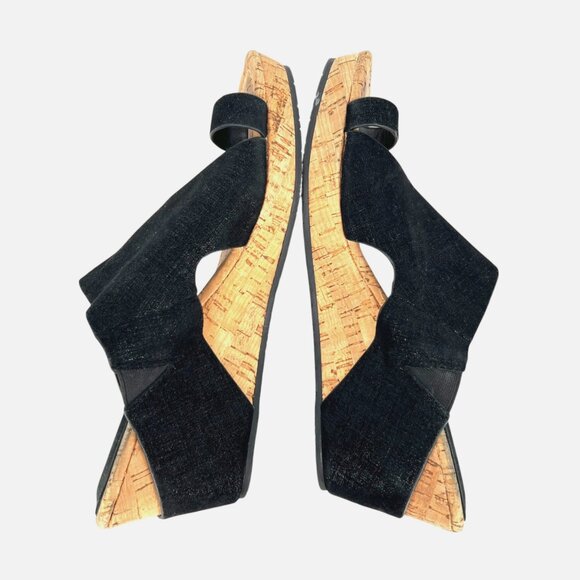Donald Pliner Gyer Black Metallic Leather Cork Wedge Sandals Size 8.5 - Picture 6 of 12